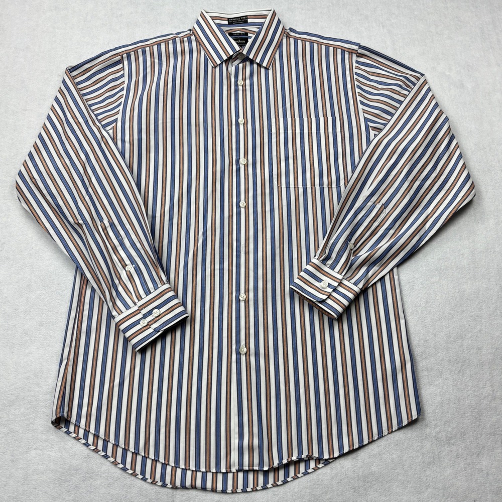 Neiman Marcus Mens Trim Fit Wrinkle Free Stripe Dress Shirt 16 34/35 Blue Orange